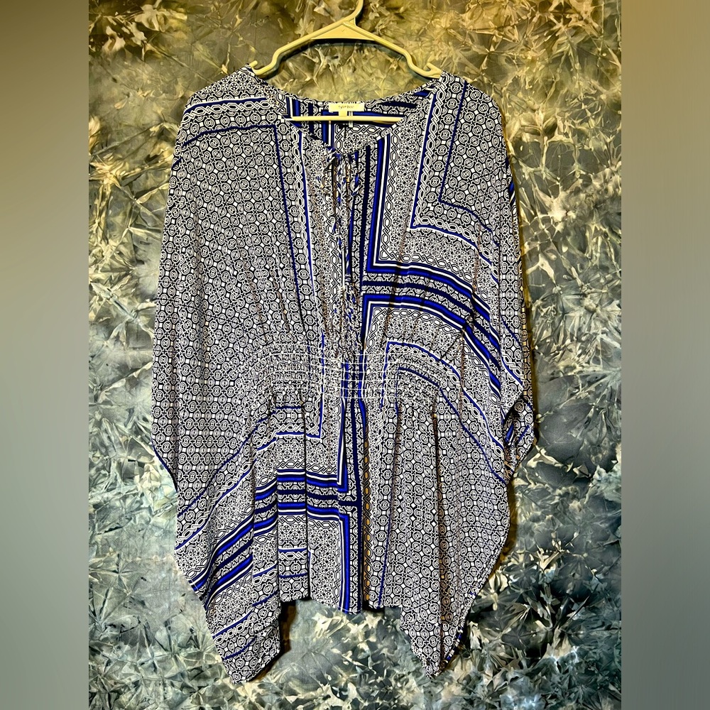 Tyler Boe blue & white geometrical Boho relaxed fit 100% silk kaftan top S